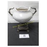 White Glazed Ceramic Urn w/Metal Handles