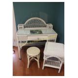 3 Piece White Wicker Vanity Set w/Glass Top