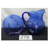 MCM Cobalt Blue Glass Pitcher & Underplate