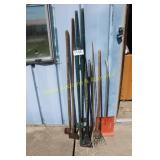 Assorted Metal Fence Posts, Scrapers, Shovels, Rak