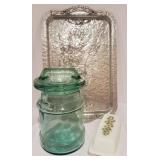 Pewter Tray, Glass Jar, Pyrex Butter Dish