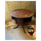 1940s Double Drum Stenciled Leather Mahogany Table