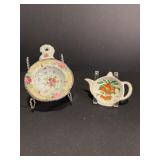 Vtg Porcelain tea strainer & tea bag caddy