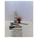 Vtg Pin cushion, knitting needles & misc