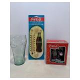 Coca-Cola glass, figurine & thermometer
