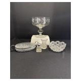 Crystal etched dish on pedestal & misc glassware