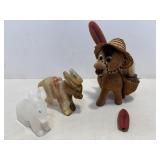 Vtg Natural Stone carved donkeys & flocked donkey.