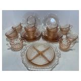 Vtg Pink Depression glass (relish tray has chips)