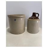 Vtg (2) tone stoneware jug 11"H  & 2 gal crock...