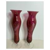Vintage Cranberry Etched Glass Bud Vases 10'H
