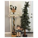 .Lighted 60' Tree, Stocking Holder  & Snowman 24'H