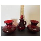 Avon red decanter, ruby red vases 3.5'H