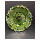 Vtg Diamond Point green carnival glass bowl10'Dai