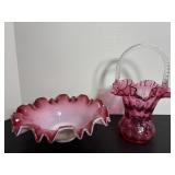 Vtg Fenton Cranberry basket 11"H & Fenton Silver..