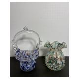 Vtg Hand Blown confetti basket 8"H & vase 5"H