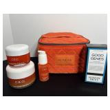 Sunday Riley beauty products & orange makeup bag
