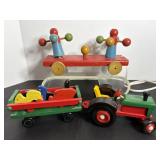 Vtg Wooden tractor with wagon, childs pull toy ...