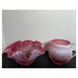 Vtg Fenton Cranberry Hobnail pitcher 6"H & bowl...