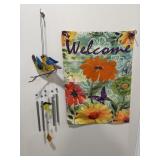 Bird Wind chime with cloth Welcome sign