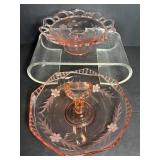Pink  depression glass etched bowl with handle...