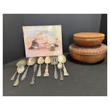 Tin sign, button baskets & silver plated ...