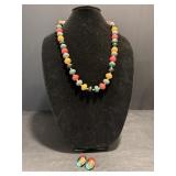 Wood beaded necklace with clip earrings