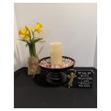 Battery operasted candle, stand, faux flowers &
