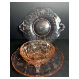 Three footed pink depression glass platter...