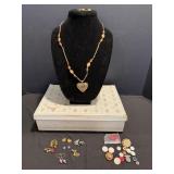 Vintage Jewelry Box, Buttons, Earrings & Necklace