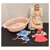 Vintage 7.5" Doll with Blanket Clothes & Misc
