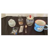 Clear Hob Nob Sugar, Blue Tin Cup, Vase &