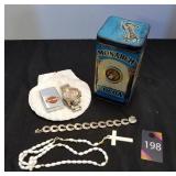 Vintage Tin, Watch, Bracelet, Rosary & Half Shell