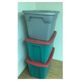 Three plastic totes with lids