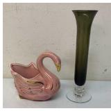 Vintage pottery planter and green glass vase