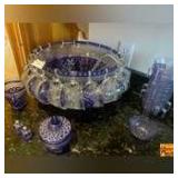Cobalt Blue/Clear Punch Bowl With Ladles/Cups, Cobalt Blue Sugar Bowl, Creamer & Salt/Pepper Shakers