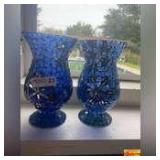 Cobalt Blue Mosaic Glass Hurricane Vases