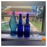 (2) Cobalt Blue Decanters, Clear Decanter & Blue Wine Bottle