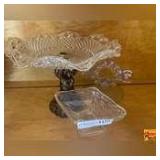 Clear Cut Glass Bowl With Metal Pedestal, Footed Clear Cut Glass Candy Dish & Bubble Glass Candelabra