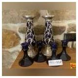 (4) Cobalt Blue Glass Candlestick Holders & (2) Pillar Candle Holders