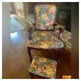 Floral Cloth Print Queen Anne Style Arm Chair With Foot Stool