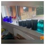Glass Canisters, Brown Ceramic Set Of 4 & Cobalt Blue Canning Jars