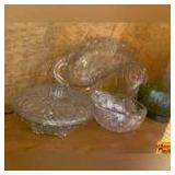 Vintage Green Cut Glass Bowl With Clear Cut Glass Relish Tray, Small Bowl, Candy Dish & Pedestal Bowl