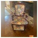 Floral Cloth Print Queen Anne Style Arm Chair With Foot Stool