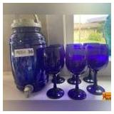 Cobalt Blue Glass Beverage Dispenser & (6) Goblets
