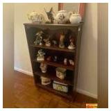 Dark Wood Bookshelf With Figurines & Tea Pots