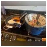 Blue Speckled Stock Pot, Frying Pans, Spoon Rests & Glass Serving Bowl