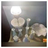 Milk White Glass:  Bud Vases, Bowl Lamp, Fluted Edge Bowl & Creamer