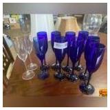 (9) Cobalt Blue Champagne Flutes & (2) Clear With Gold Rim Flutes