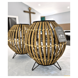 Pair Of Woven Bamboo Lanterns With Glass Candle Holders