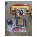 Collection of Three Beer Advertising Items: Pabst Blue Ribbon Sign, Budweiser Tray, and Coors Light Sign